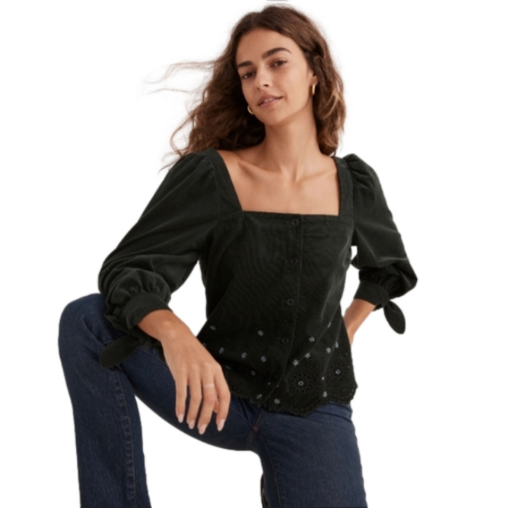 Madewell Embroidered Green Corduroy Tie Sleeve Eyelet Blouse Women size XXS